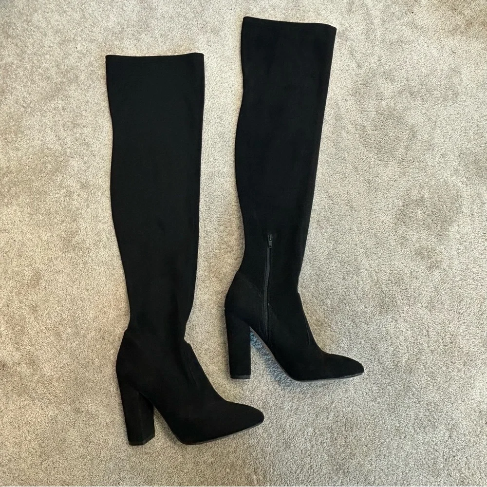 Aldo black faux suede knee-high over the knee boots chunky heel Sz 9